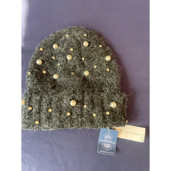 Maeve Accessories - NWT Anthropologie Maeve Gray Embellished Pearl Brushed Knit Beanie Hat Bling OS